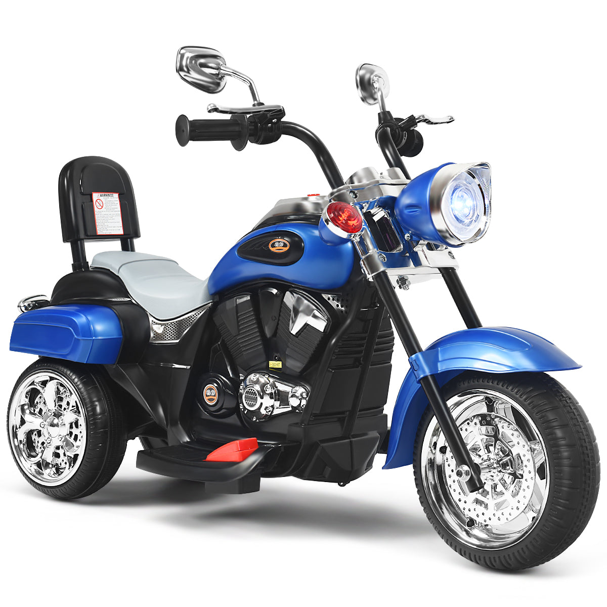 6V Kids Ride-On Motorcycle | 3-Wheel White Blue Chopper with Lights