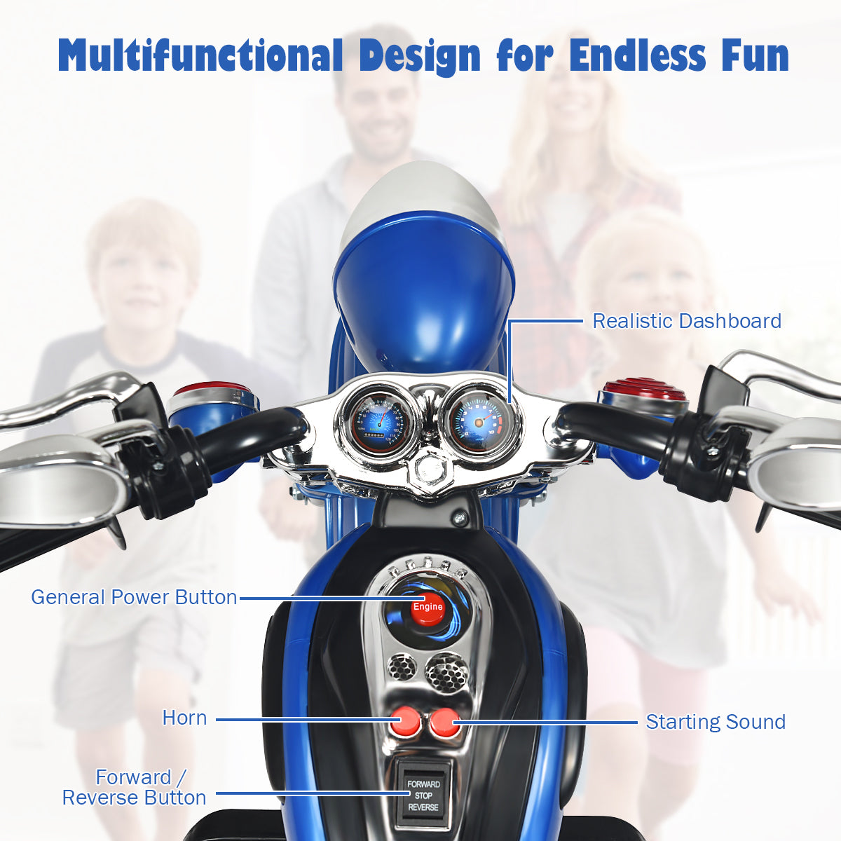 6V Kids Ride-On Motorcycle | 3-Wheel White Blue Chopper with Lights