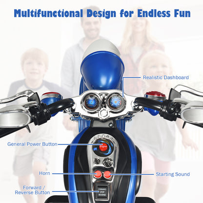 6V Kids Ride-On Motorcycle | 3-Wheel White Blue Chopper with Lights