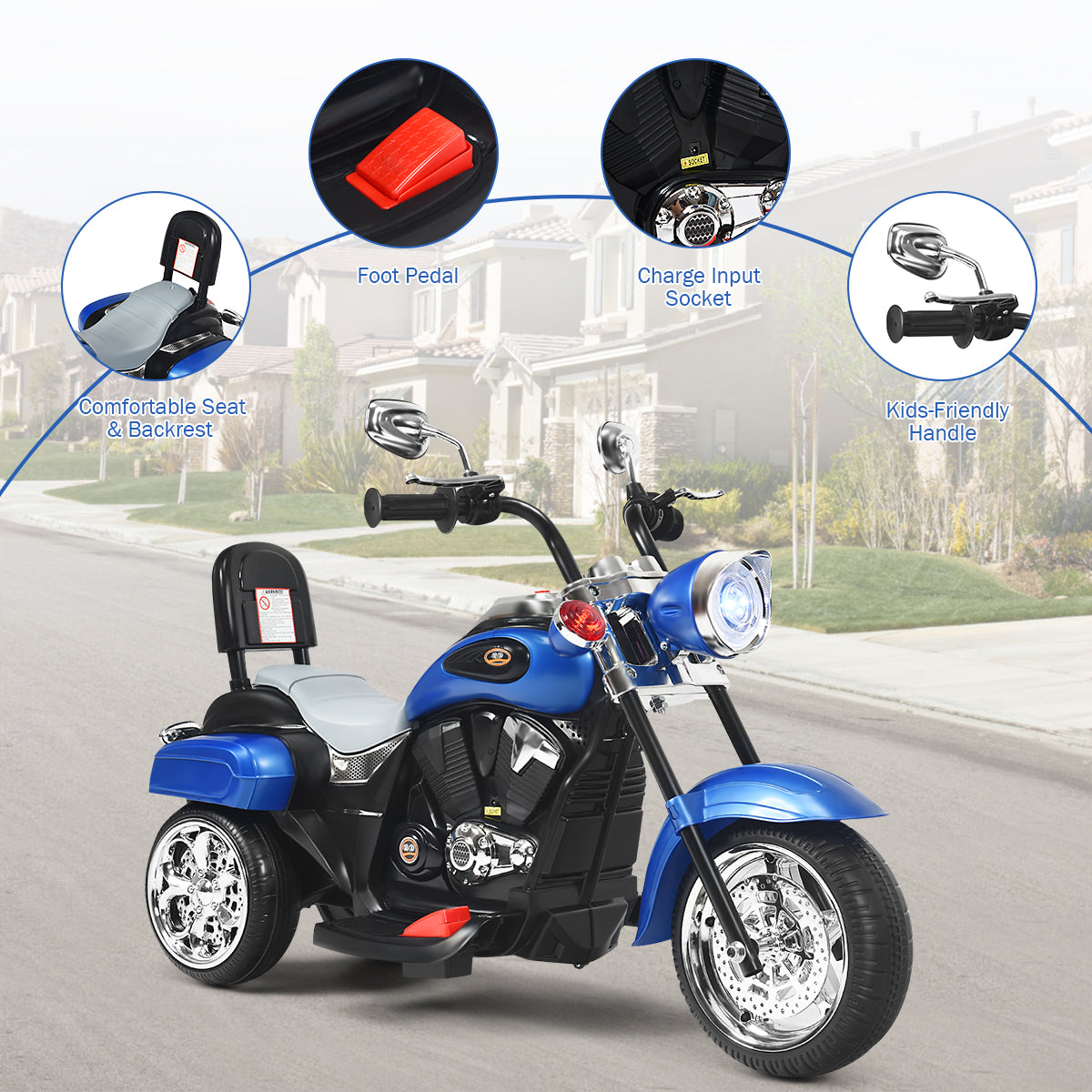 6V Kids Ride-On Motorcycle | 3-Wheel White Blue Chopper with Lights