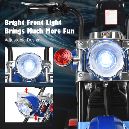 6V Kids Ride-On Motorcycle | 3-Wheel White Blue Chopper with Lights