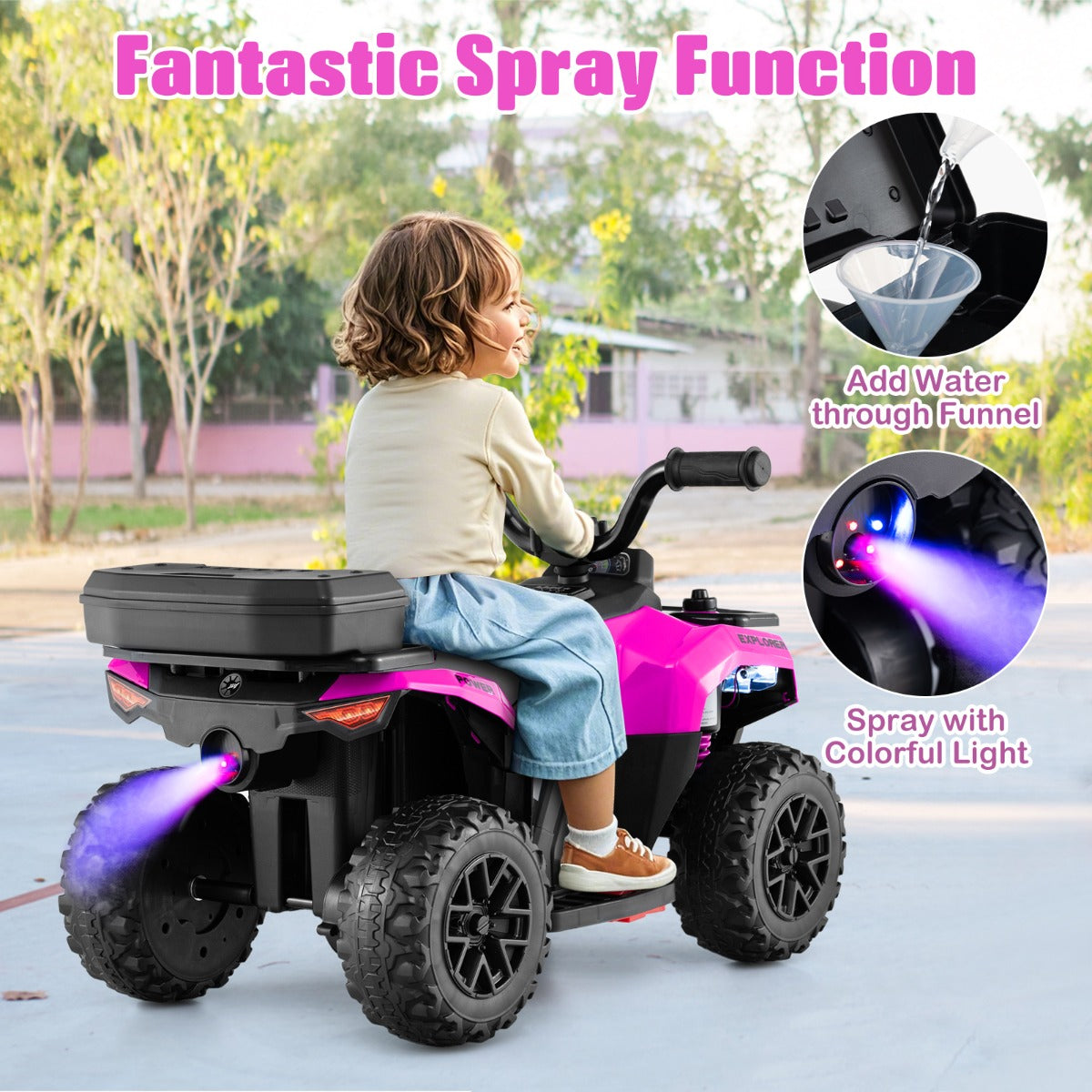 6 V Kids Ride On ATV | Pink Electric Car with Music & Spray