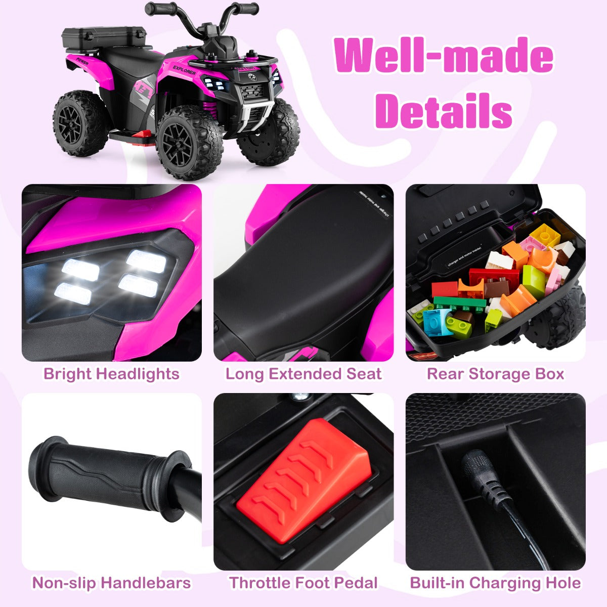 6 V Kids Ride On ATV | Pink Electric Car with Music & Spray