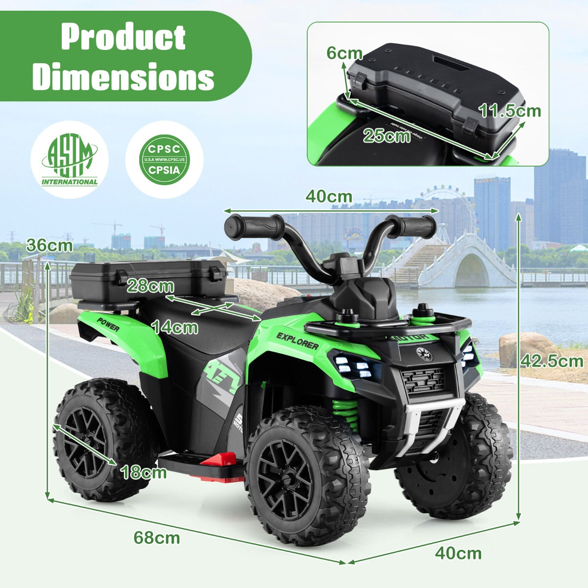 6 V Kids Ride On ATV | Green Electric Car with Music & Spray