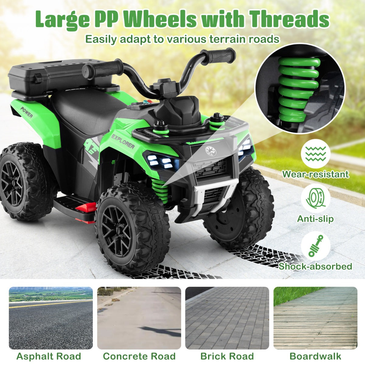 6 V Kids Ride On ATV | Green Electric Car with Music & Spray