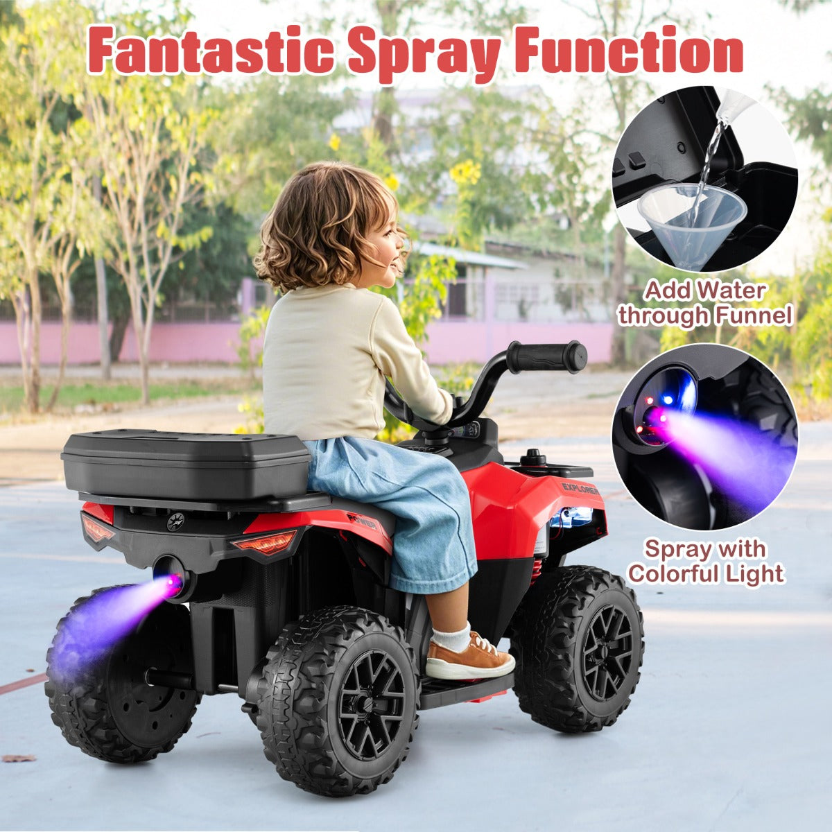 6 V Kids Ride On Atv | Red Speedy Fun with Music & Spray