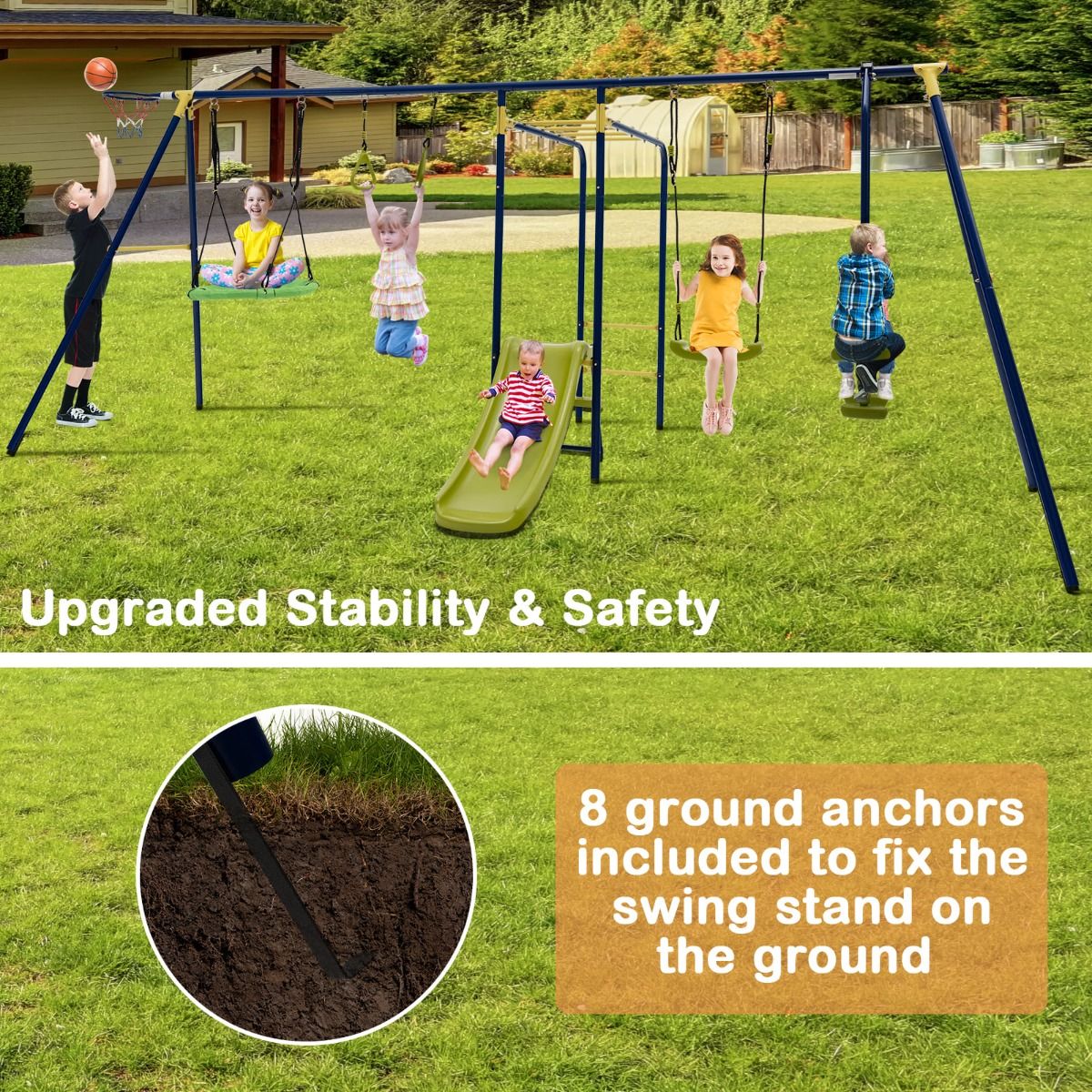 Kids 7-in-1 Metal Swing Set | Includes Glider, Slide and Basketball Hoop; perfect for backyard fun.