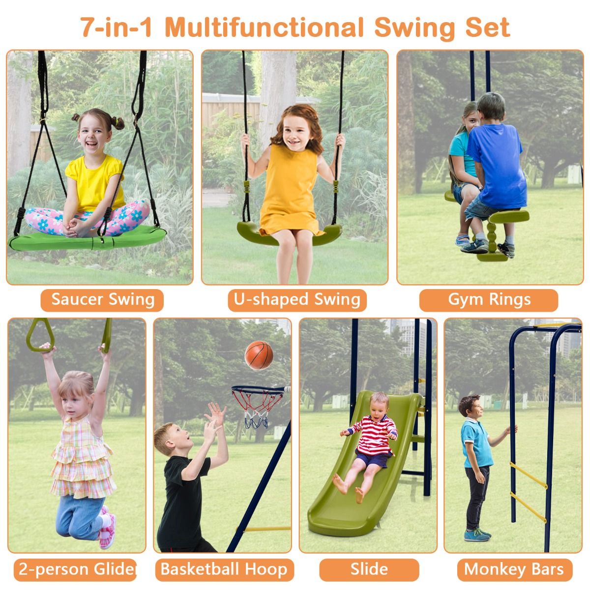 7-in-1 Metal Swing Set with Glider, Basketball hoop, Monkey Bar, Slide - Kids Mega Mart
