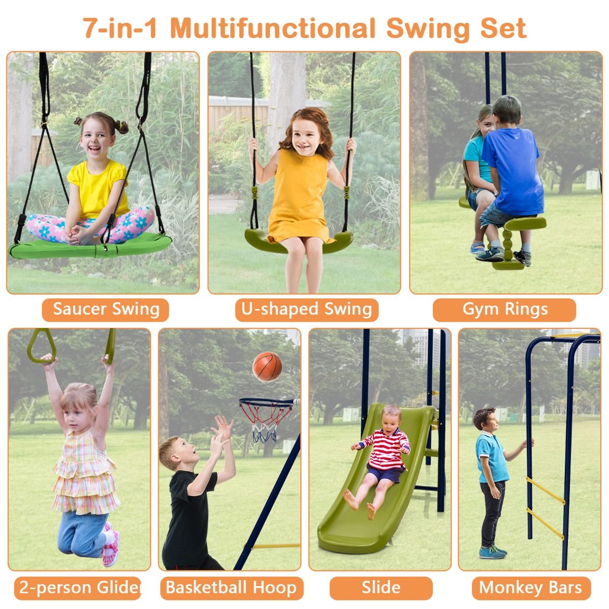 Kids metal swing set with 7 features | glider, slide, basketball hoop; fun outdoor play.