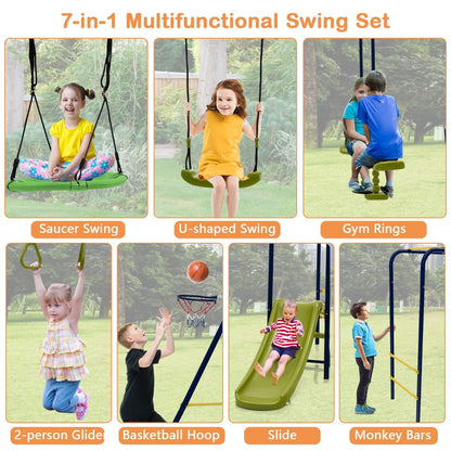 Kids metal swing set with 7 features | glider, slide, basketball hoop; fun outdoor play.