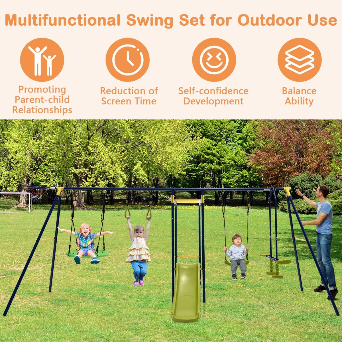 Kids 7-in-1 Metal Swing Set with Glider, Slide and Basketball Hoop - Home Playground Fun