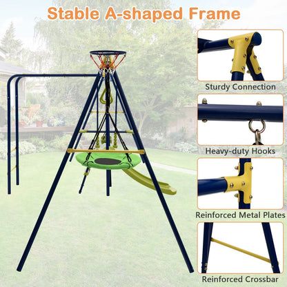 Kids swing set with 7 functions | glider, slide, basketball hoop â€“ ideal for backyard fun.