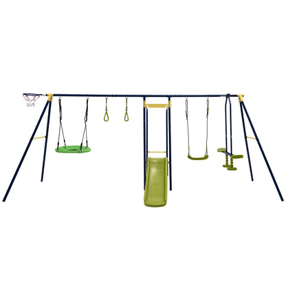 Kids 7-in-1 Metal Swing Set with Glider, Slide and Basketball Hoop for outdoor play