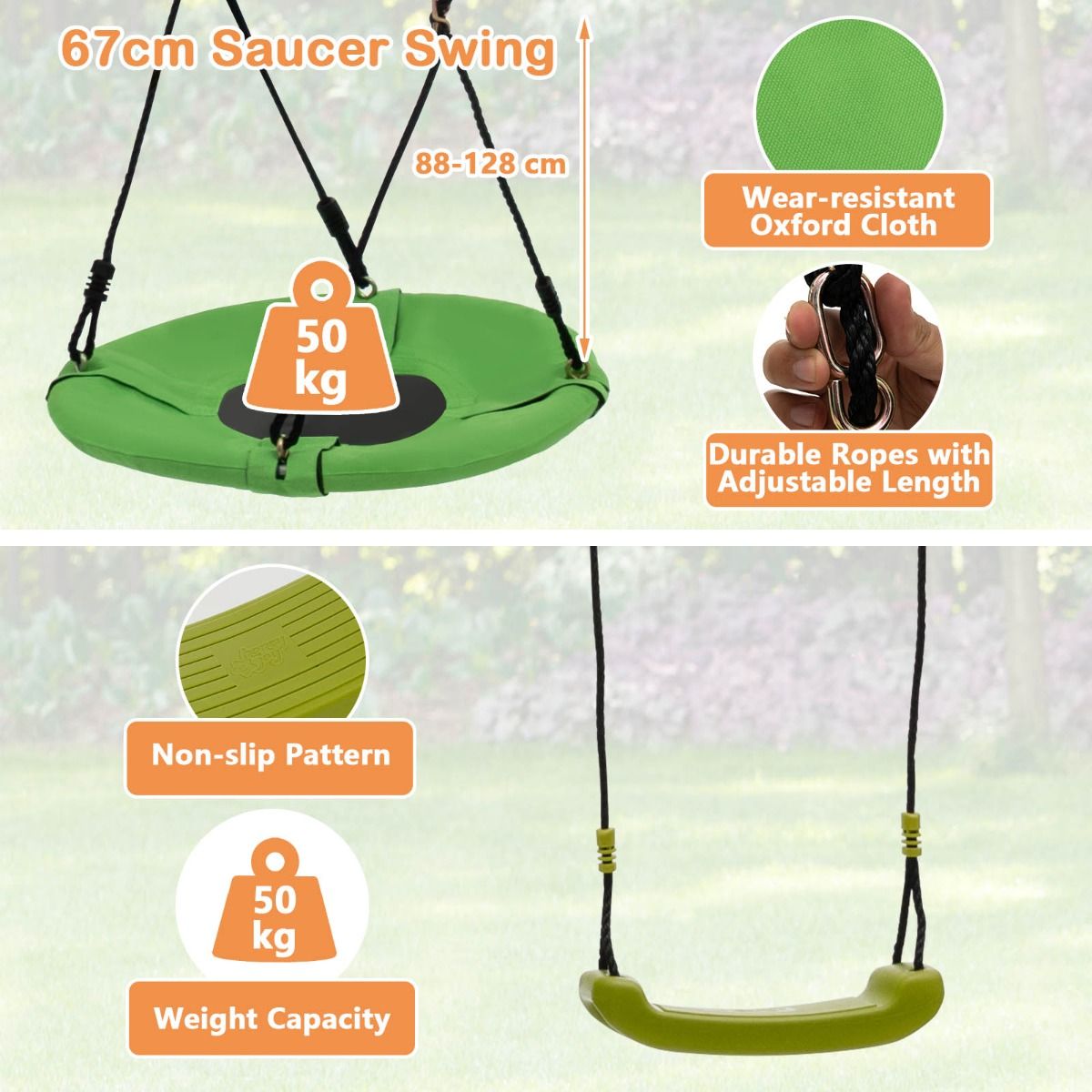 Kids metal swing set with glider, slide and basketball hoop for backyard fun play.