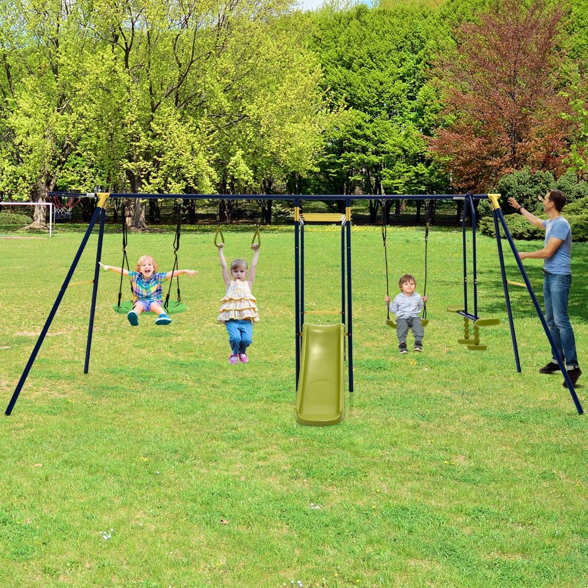 Kids 7-in-1 Metal Swing Set with Slide, Glider and Basketball Hoop for backyard fun