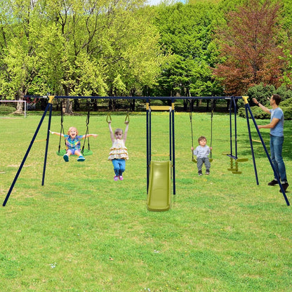 Kids 7-in-1 Metal Swing Set with Slide, Glider and Basketball Hoop for backyard fun