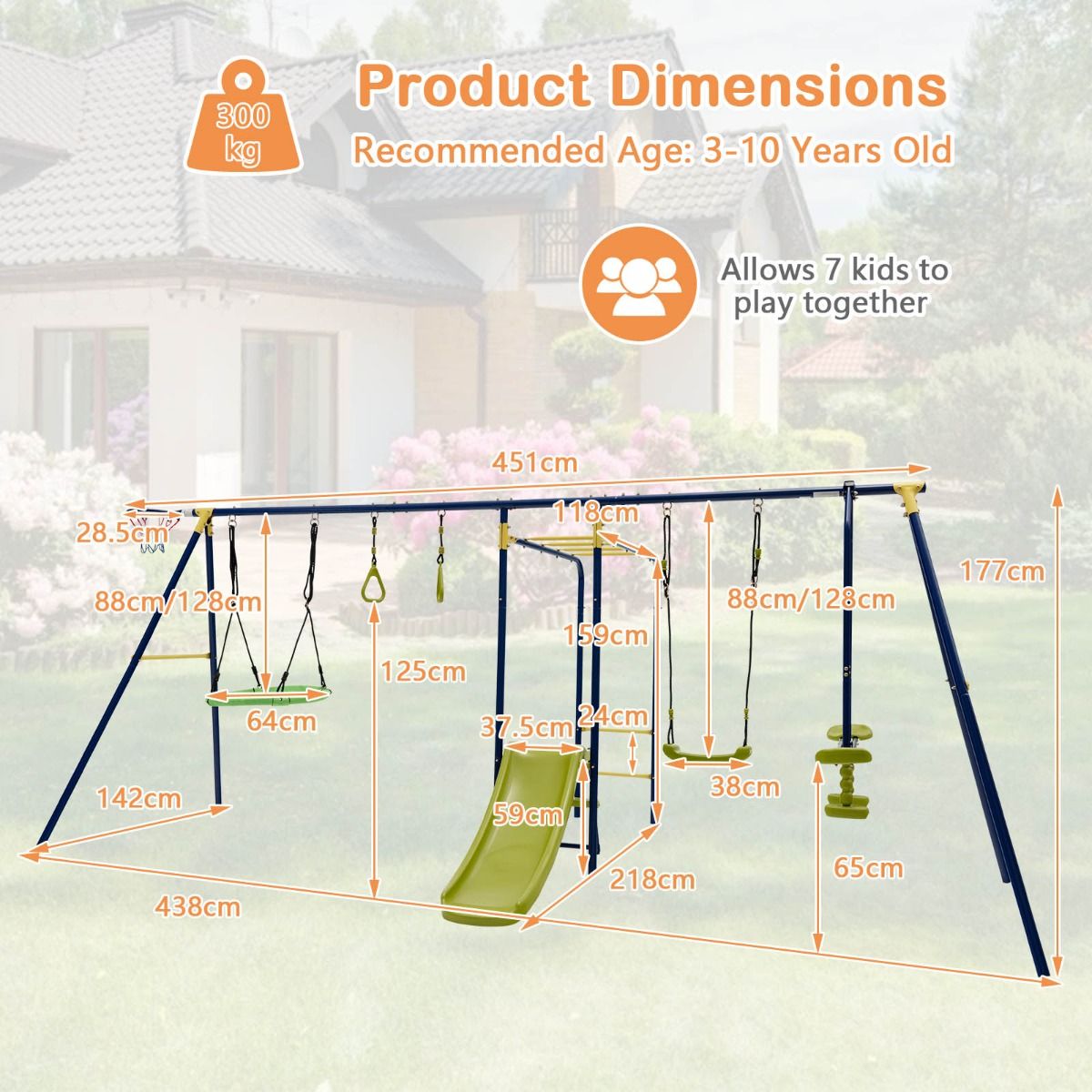 Kids 7-in-1 metal swing set with glider, slide and basketball hoop for home play