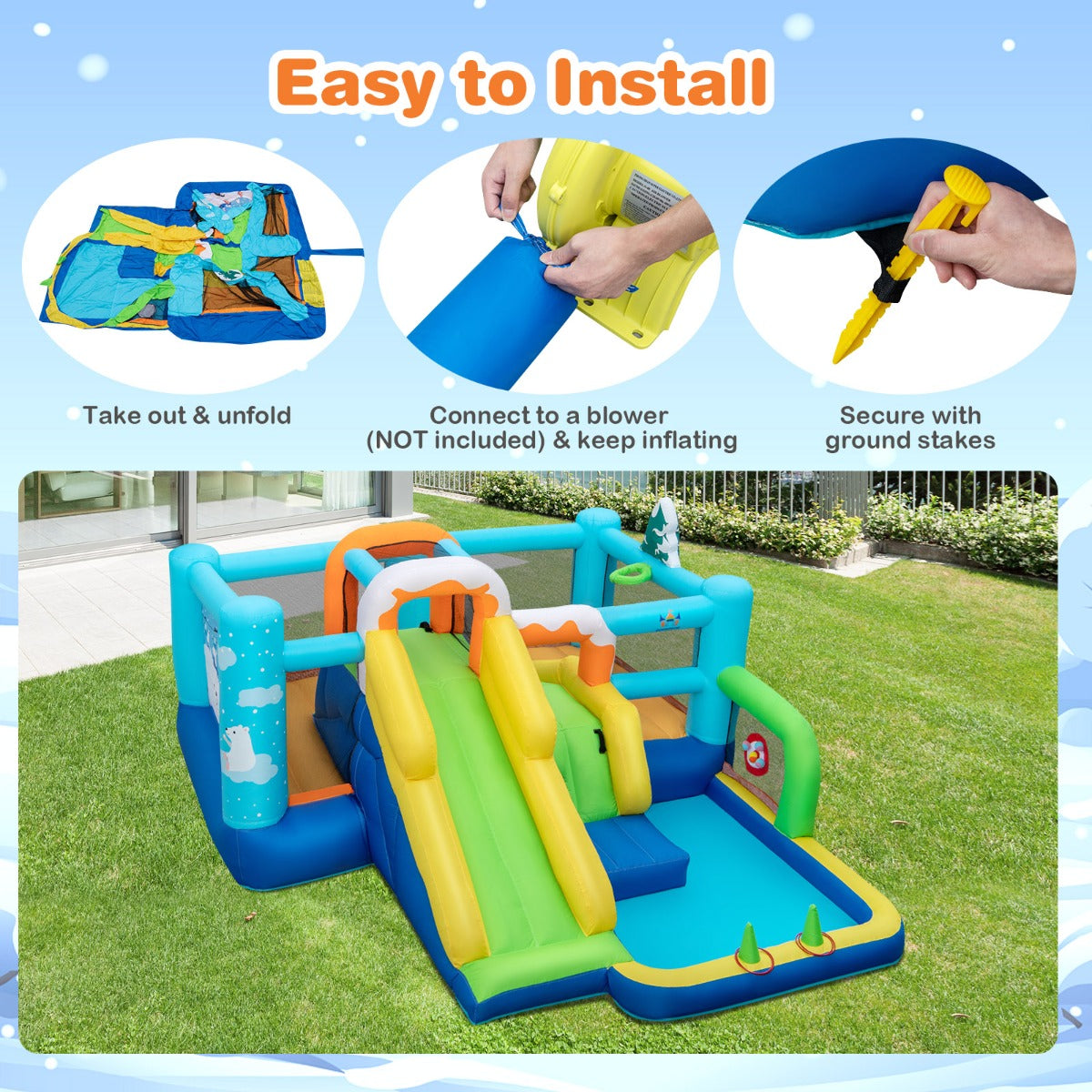 Multi-Coloured 7-in-1 Jumbo Inflatable Bounce Castle | Long Slide