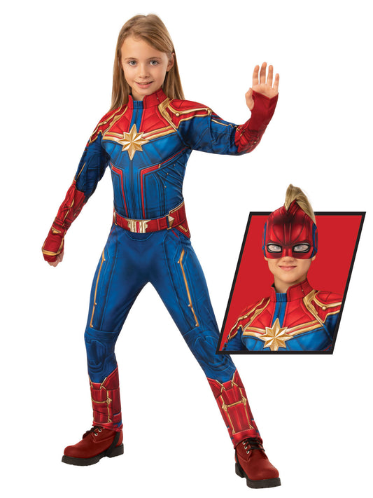 Captain Marvel Deluxe Costume for kids, complete with superhero jumpsuit and accessories