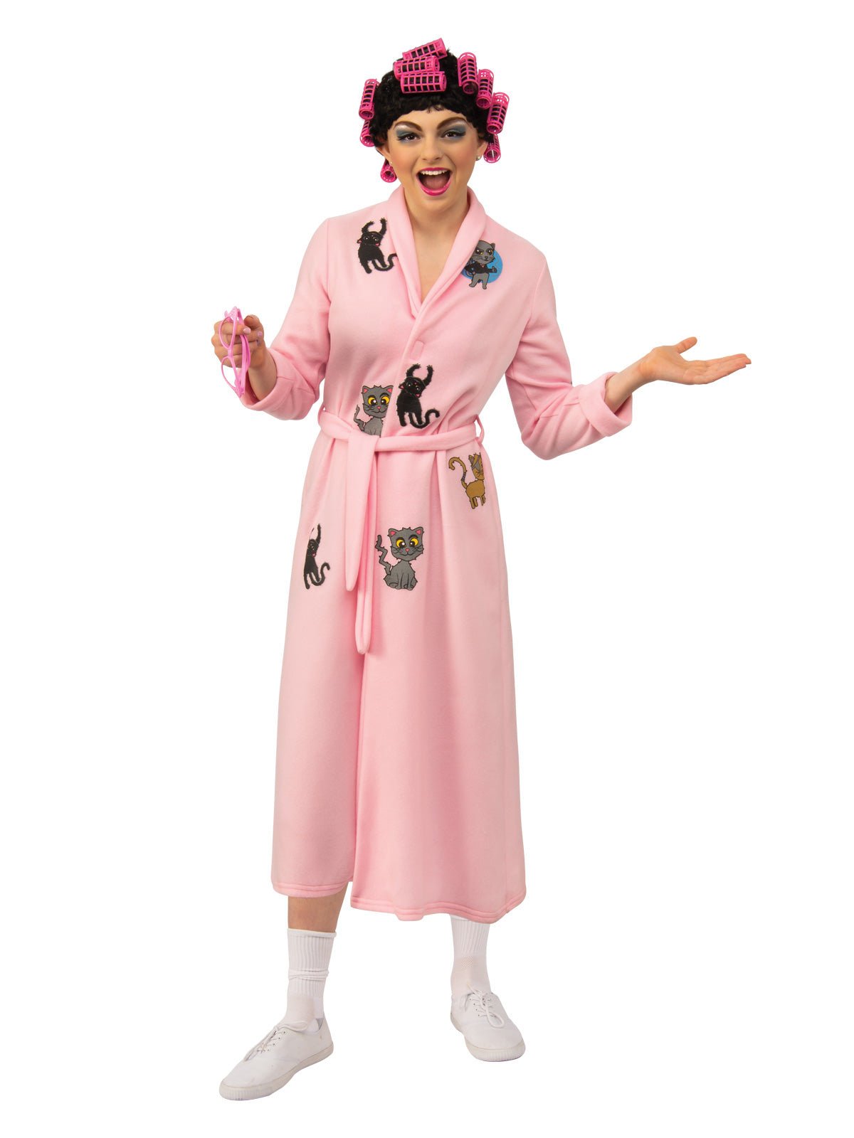 Adult Crazy Cat Lady Costume with robe, wig, and glasses for playful kids dress-up.