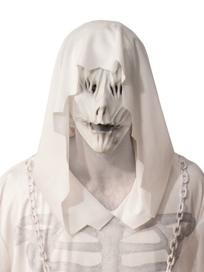 Spooky hooded ghost costume features a skeleton print, perfect for Halloween parties and haunted events.