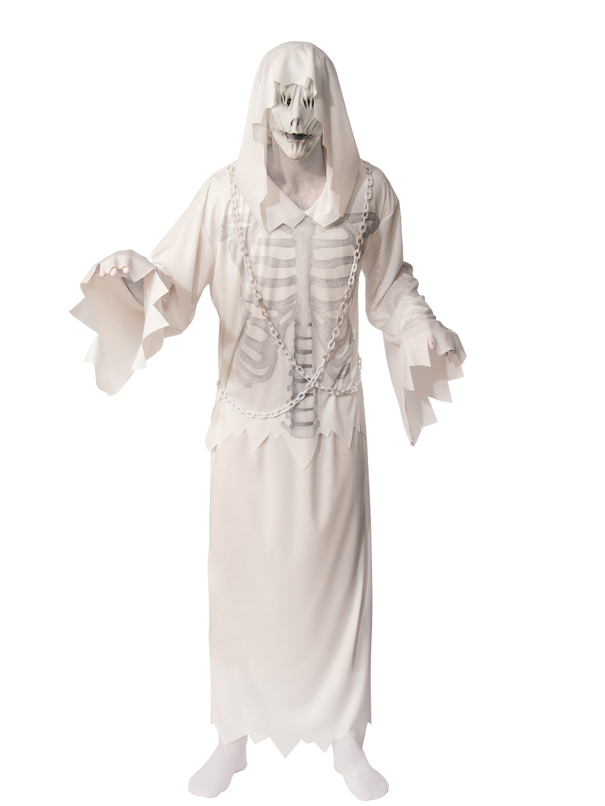 Spooky hooded ghost costume featuring skeleton print design, perfect for Halloween parties and haunted events.