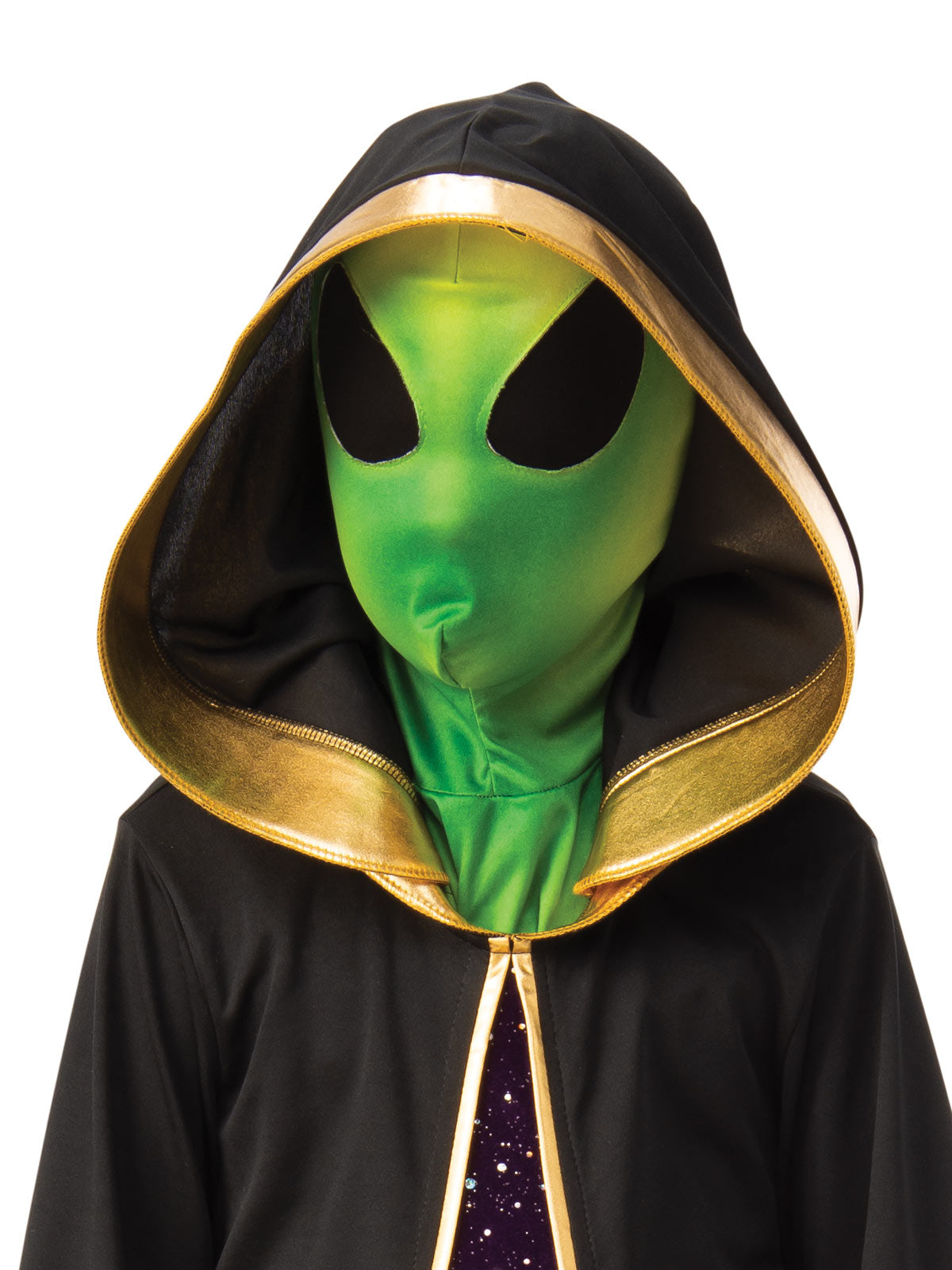 Kids Alien Costume Green Mask Gold Details Purple Glitter Robe