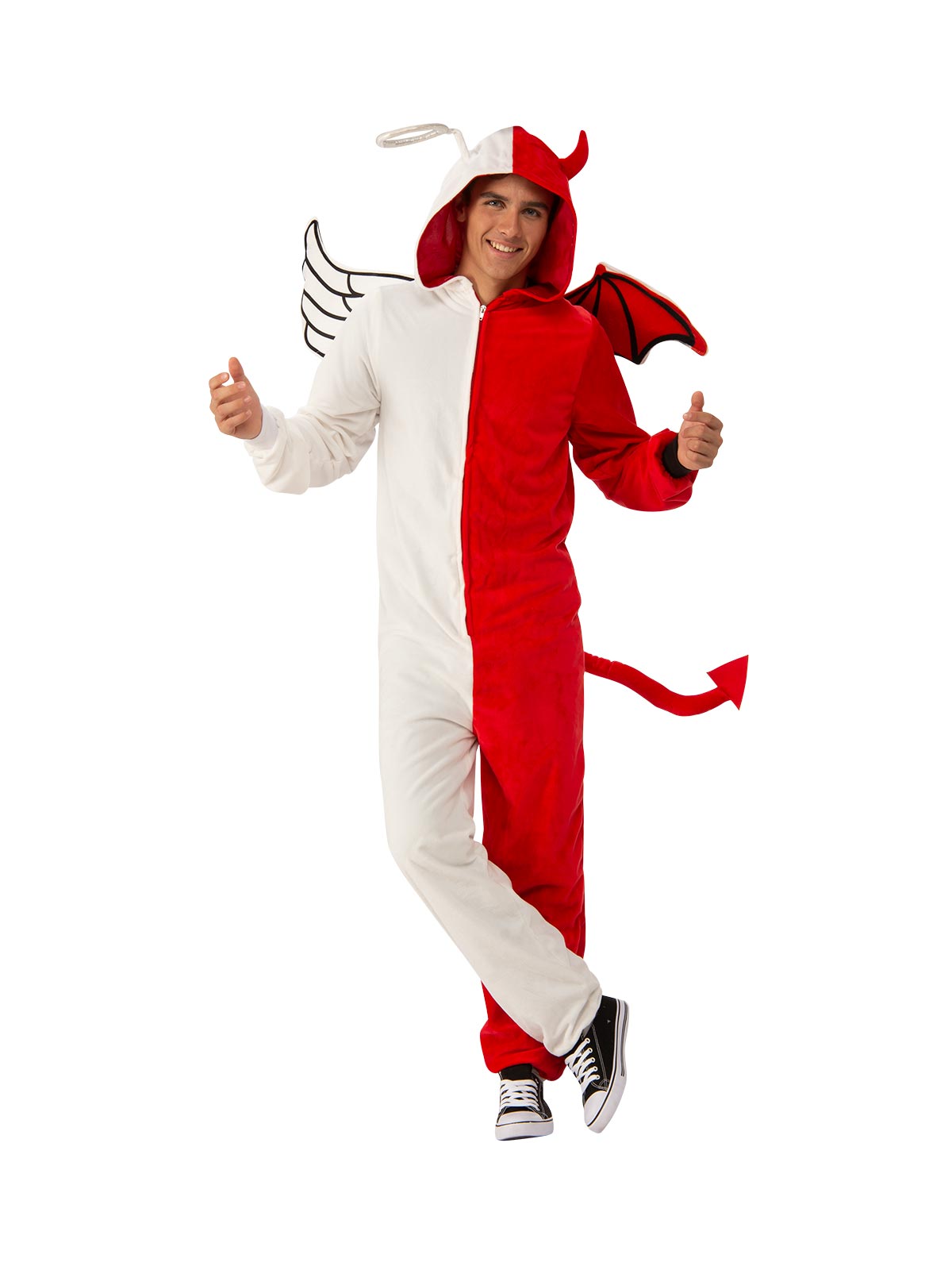 Adult furry jumpsuit costume featuring angel or demon design for childrens imaginative play.