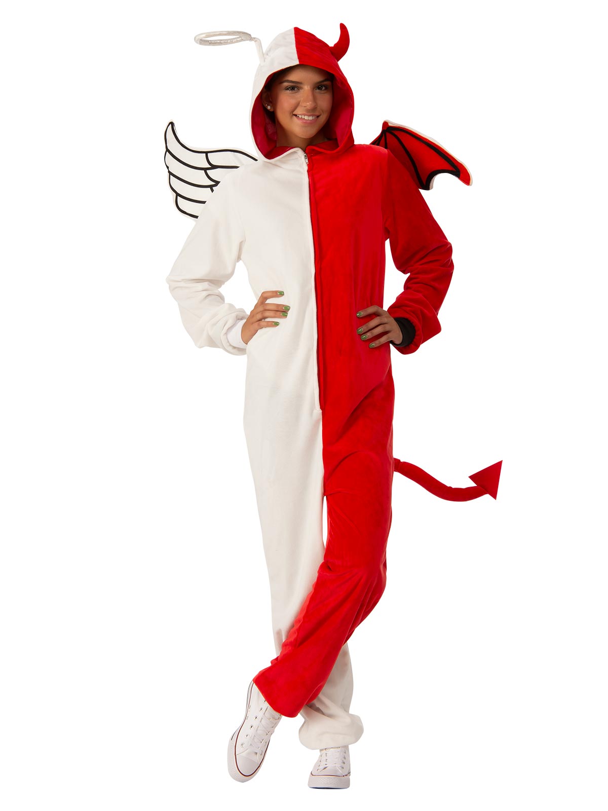 Adult furry jumpsuit costume for kids playtime, featuring angel or demon theme.