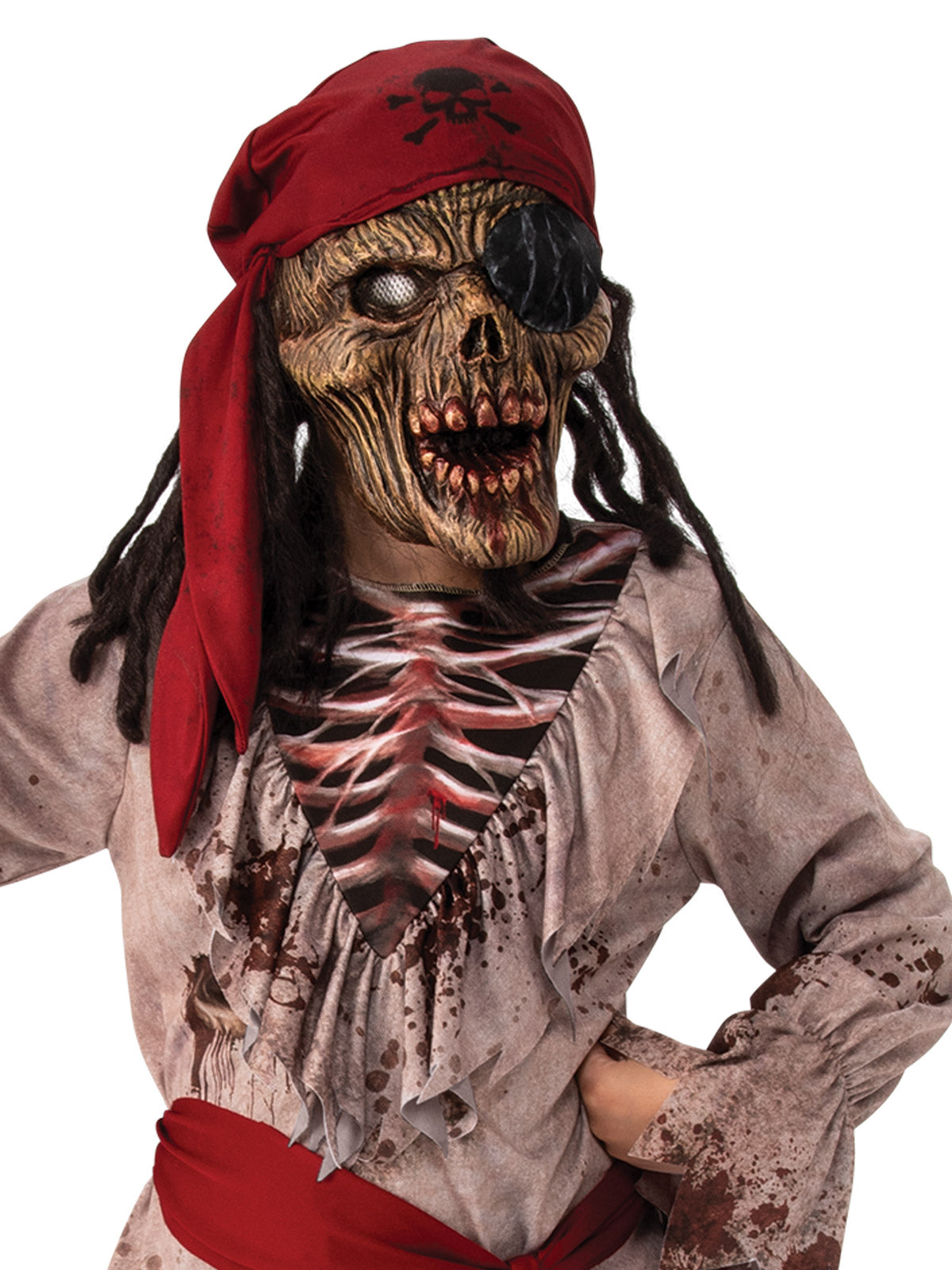 Kids pirate Halloween costume with skeleton design, mask, and accessories for spooky home fun.