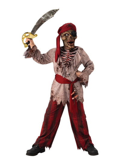 Skeleton Pirate Halloween Costume for Kids, featuring mask and accessories, perfect for home activities.