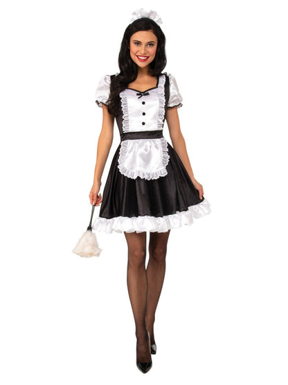 French maid costume with headpiece for adults dress up role play at home.