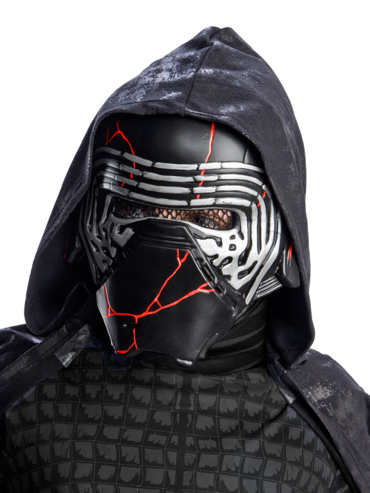 Kids Deluxe Kylo Ren costume features a black robe, belt, and mask for ultimate Star Wars villain roleplay.