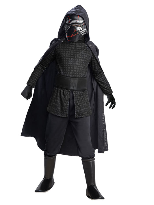 Deluxe Kylo Ren costume features a black robe, belt, and mask for authentic Star Wars villain roleplay.