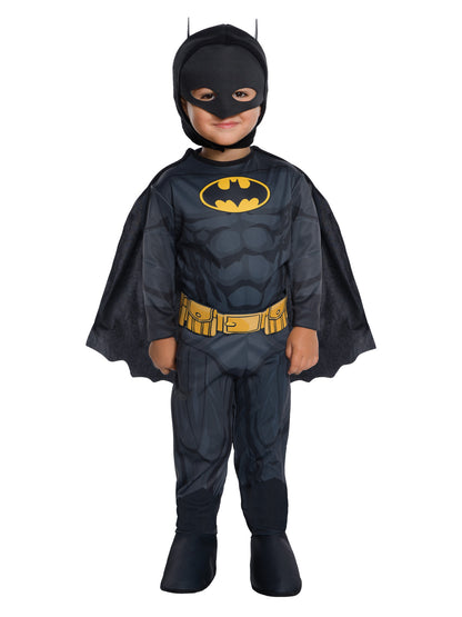 Toddler Batman jumpsuit costume features classic design with attached cape and matching mask for superhero play