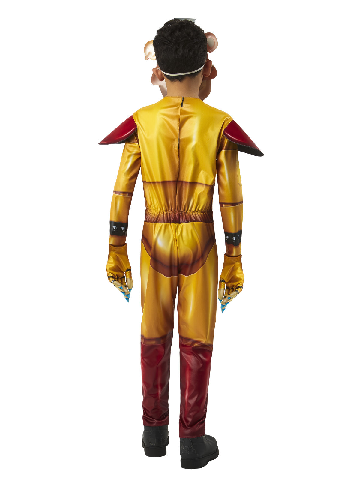 Glamrock Freddy FNAF kids costume set with jumpsuit, mask, and gloves for imaginative play.