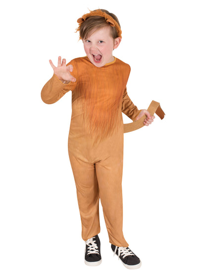 Kids lion costume with jumpsuit, tail, and ear headband for imaginative play at home.