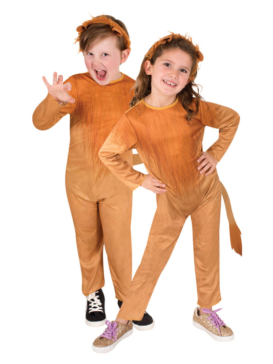 Kids lion costume jumpsuit with tail and ear headband in 2 sizes, perfect for playtime.