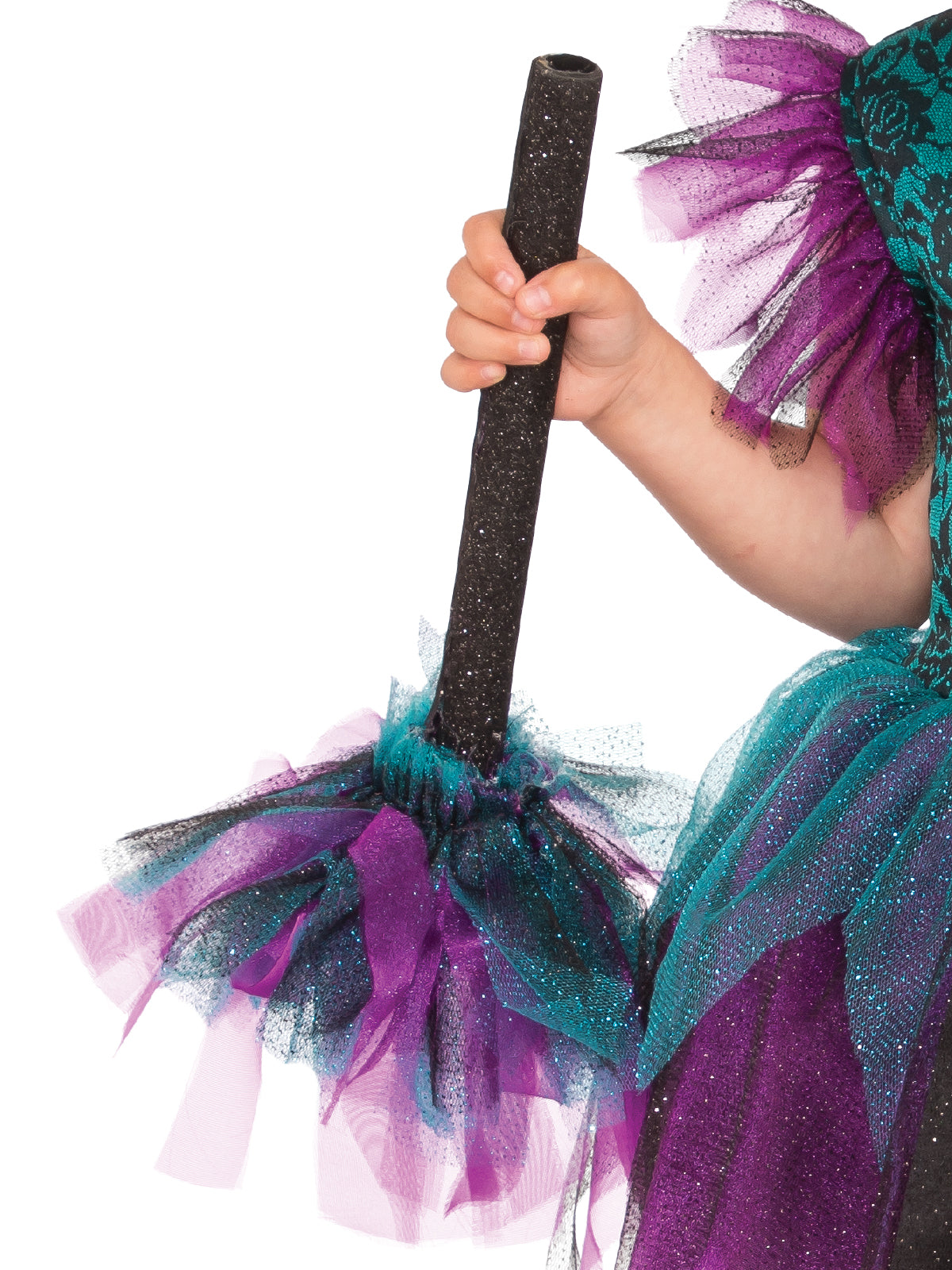 Kids witch costume set with tutu dress, hat, and broom for imaginative play at home.