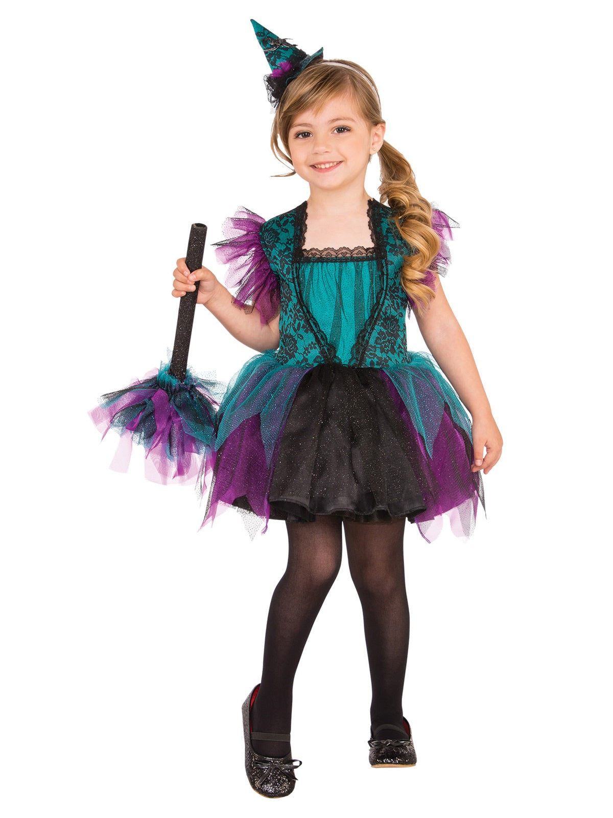 Kids witch costume set with tutu dress, hat, and broom for Halloween playtime at home.