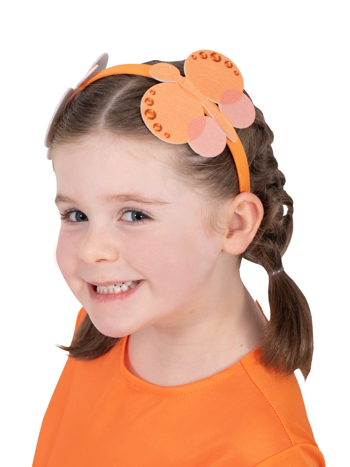 Vibrant orange Emma Memma butterfly headband features soft felt wings, perfect for imaginative play and dress-up fun.