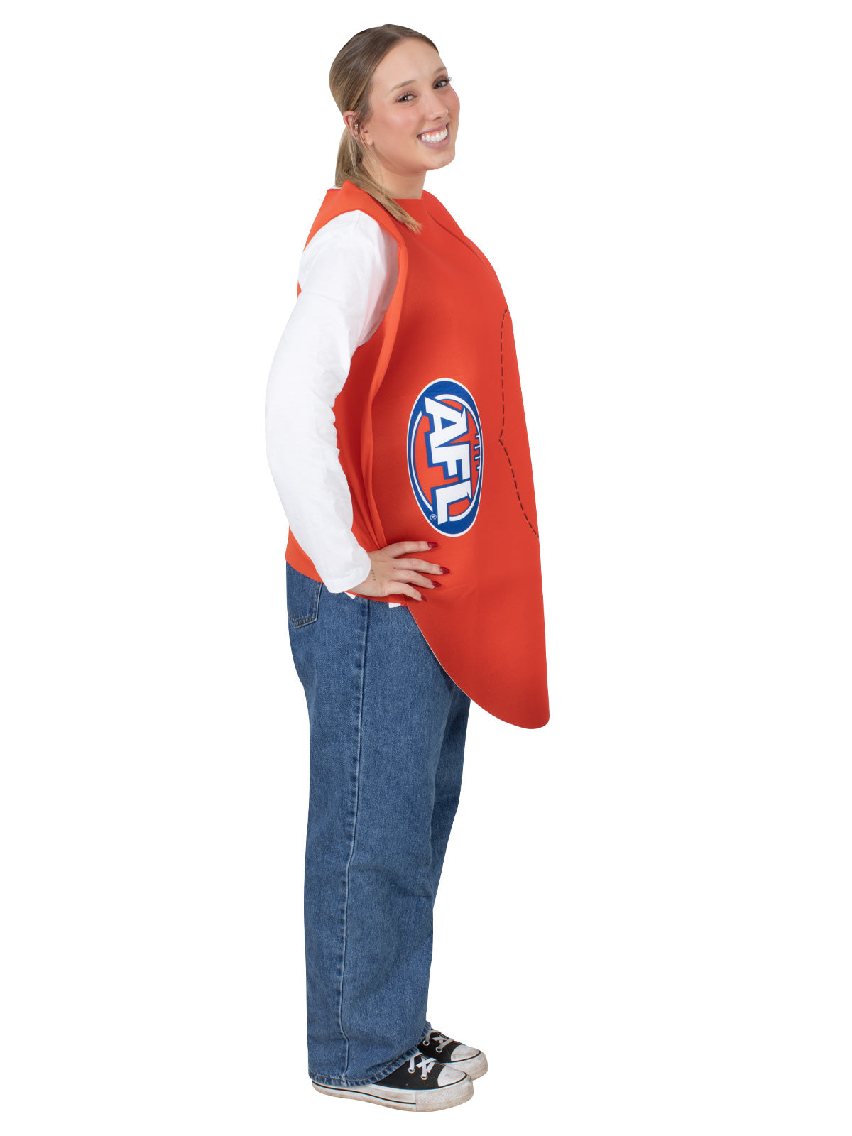 Adult AFL footy costume tabard with realistic print, perfect for kids dress-up play.