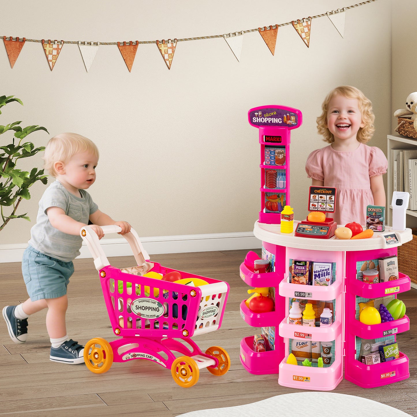76 PCS Supermarket Playset Pretend Play Grocery Store Set with Shopping Cart-Pink