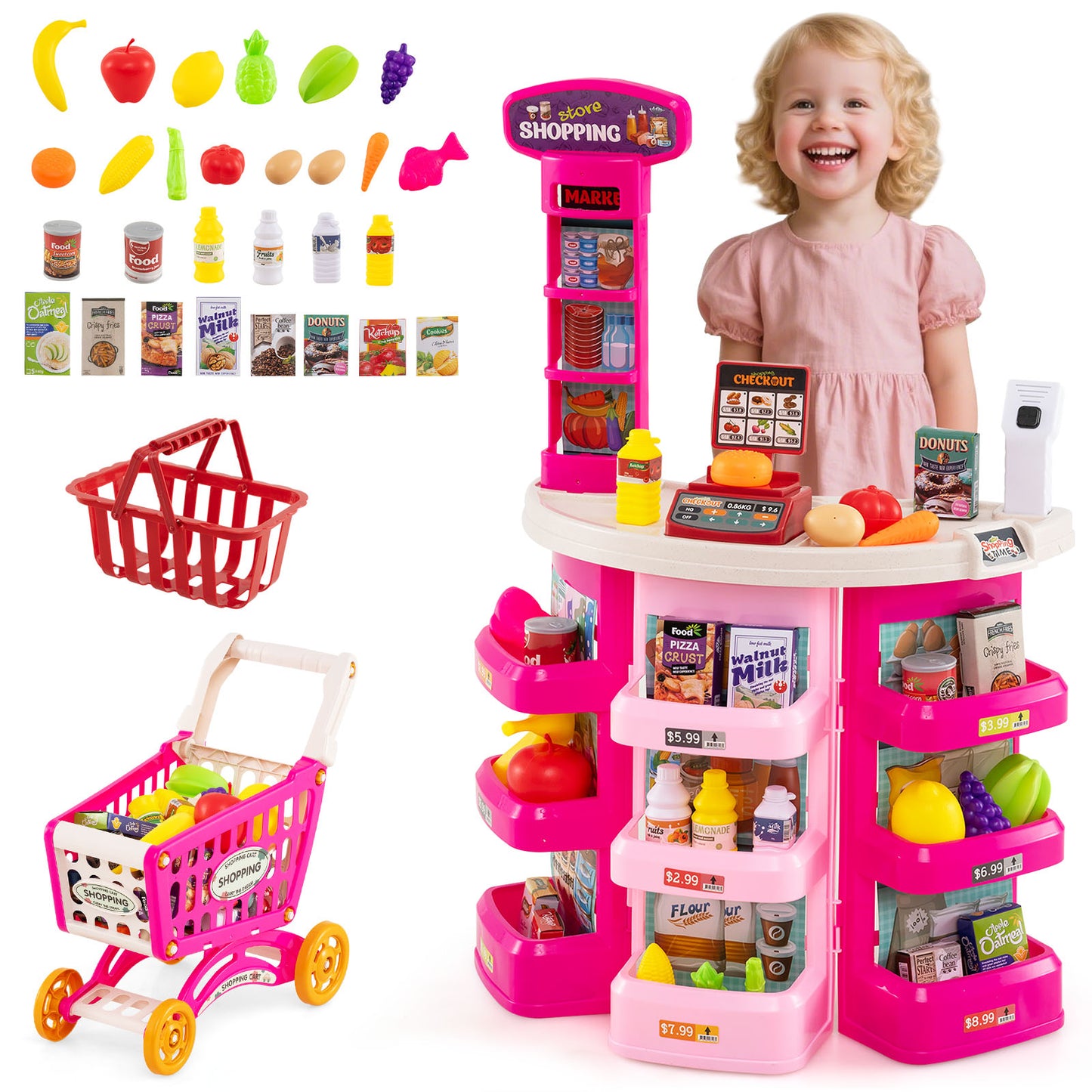 76 Piece Grocery Store Playset With Light Up Scanner | Pink