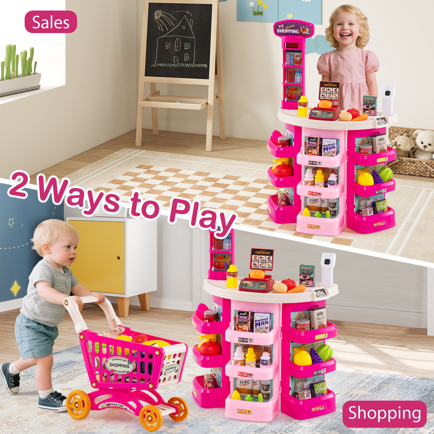 76 Piece Grocery Store Playset With Light Up Scanner | Pink