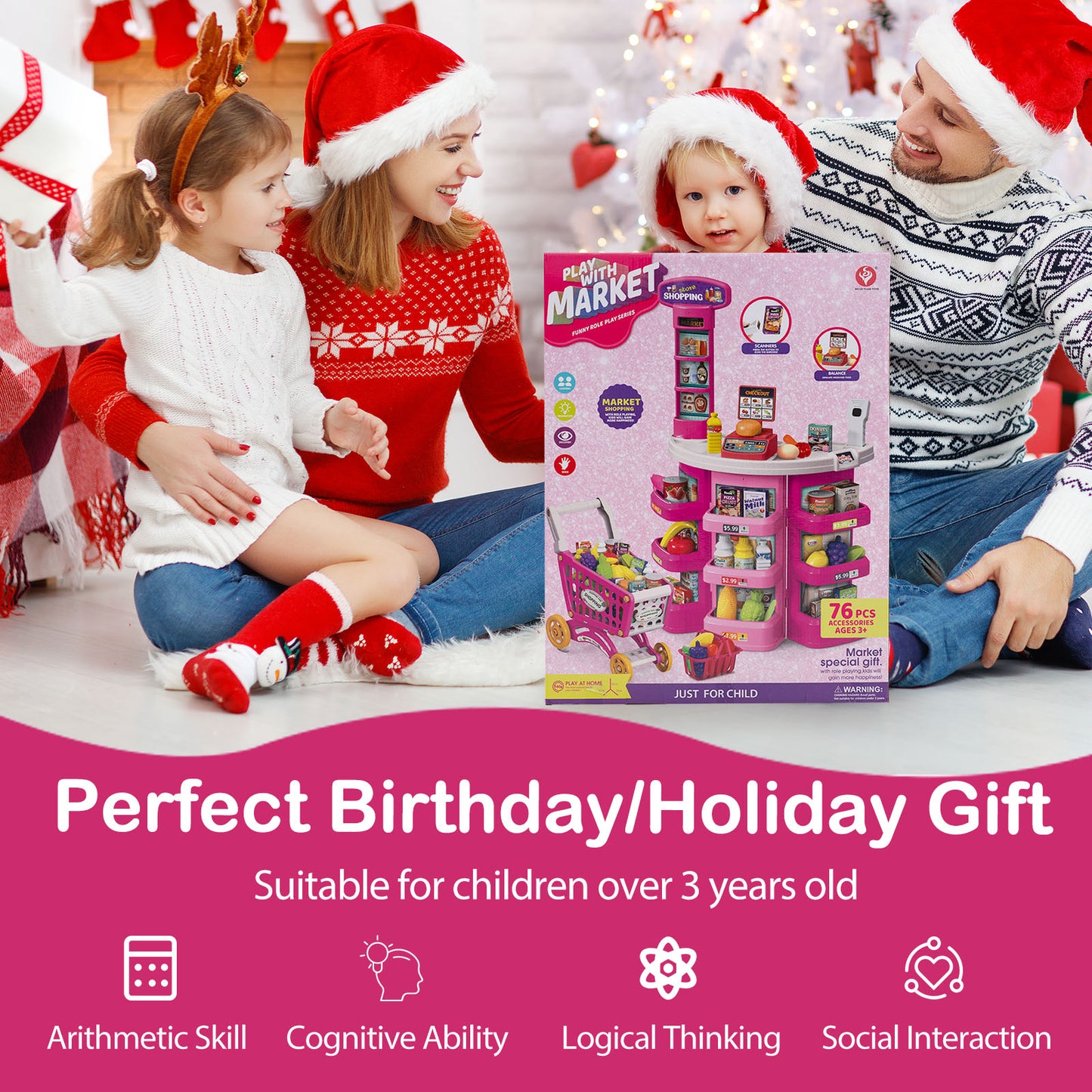 76 Piece Grocery Store Playset With Light Up Scanner | Pink