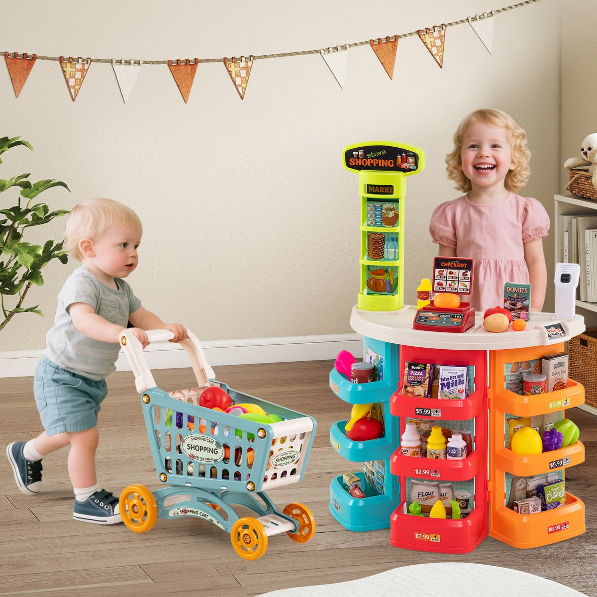 76 PCS Supermarket Playset Pretend Play Grocery Store Set with Shopping Cart-Multicolour