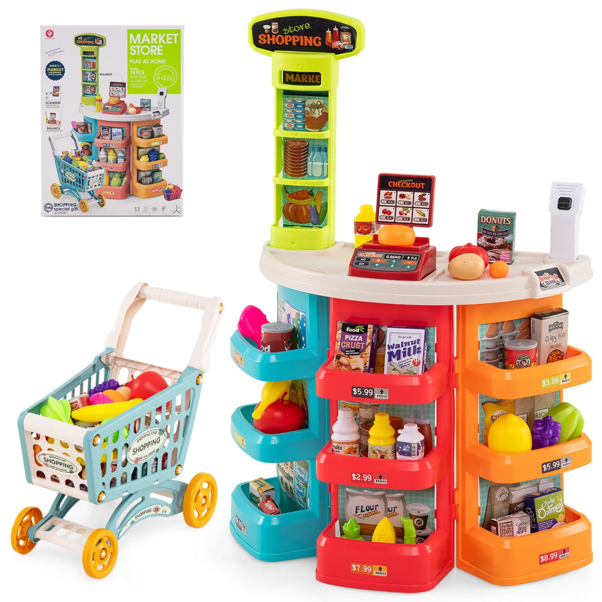 76 Piece Multicolor Grocery Store Playset | Cart & Scanner