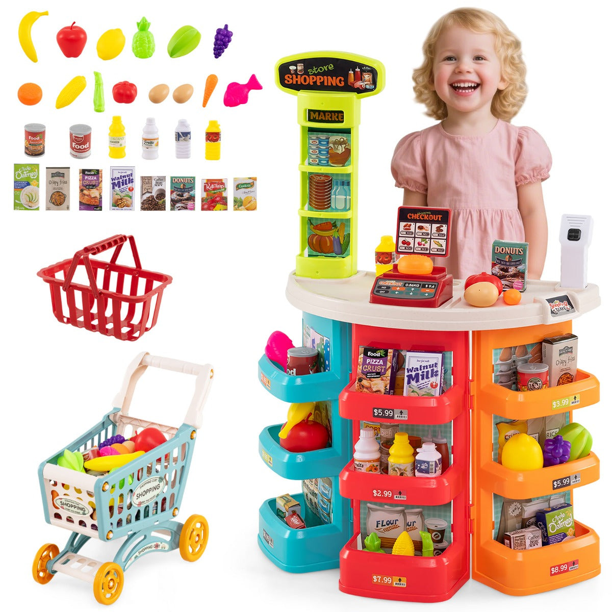 76 Piece Multicolor Grocery Store Playset | Cart & Scanner