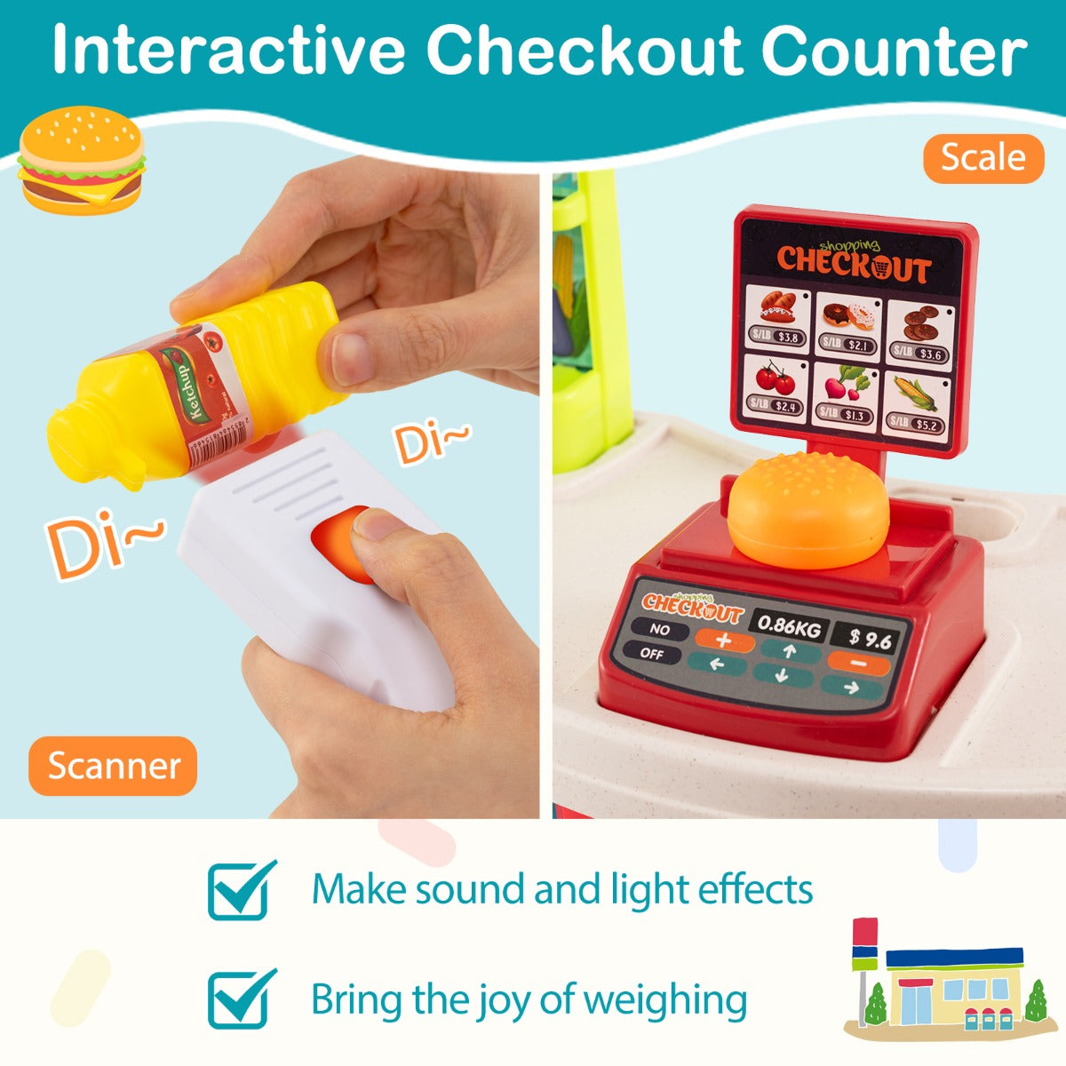 76 Piece Multicolor Grocery Store Playset | Cart & Scanner